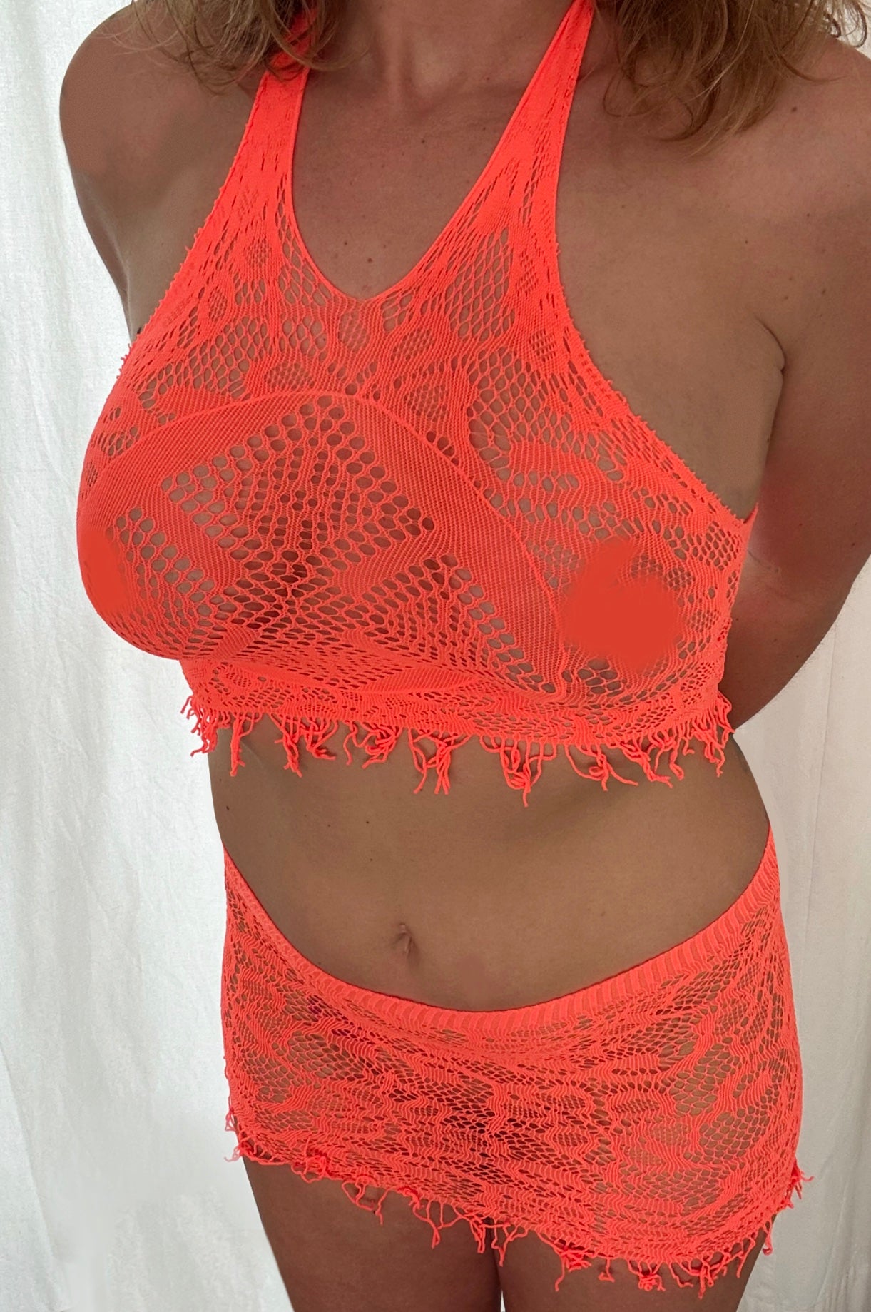 Neon Pink Fishnet Top+Skirt