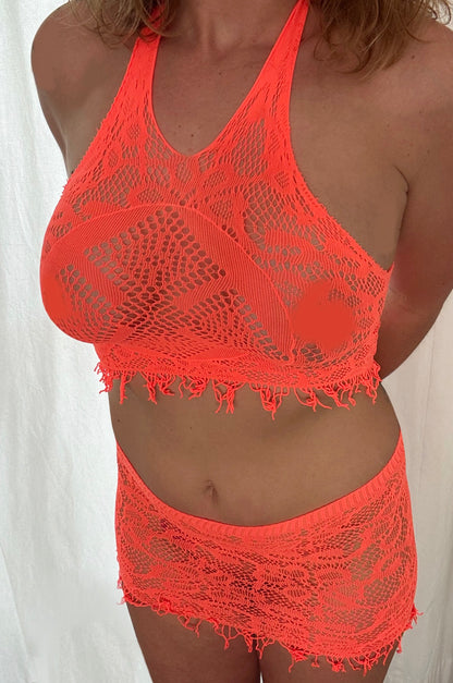 Neon Pink Fishnet Top+Skirt
